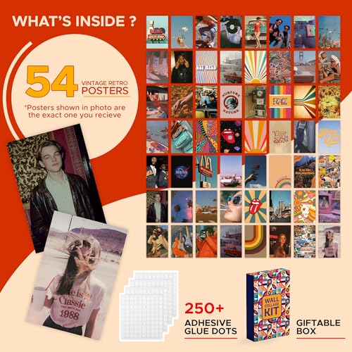 Image of CodersParadise Vintage Retro VSCO Wall Collage Kit - 54 Premium 4x6 Inch Aesthetic Posters for Bedroom, Living Room & Office Decor with Glue Dots Included
