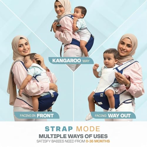 Image of BAYBEE Baby Carrier for 0 to 3 Years with Hip Seat, Breathable Mesh Fabric, 6-in-1 Carry Positions, Adjustable Shoulder Straps & Waist Belt, Max Weight Up to 15 Kgs, Newborn to Toddler Carrying Bag (Blue)