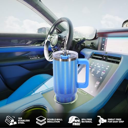Image of 30 oz Shiny Tumbler with Handle and Straw,Stainless Steel Tumbler with Lid and Straw,Insulated Travel Mug(Cold for 34 Hours),Water Bottle for Iced Tea,Coffee (Blue)