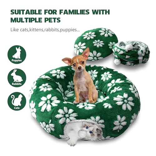 Image of Cat Tunnel for Indoor Cats, Cute Peekaboo Cat Cave with Dangling Balls, Pet Donut Tunnel Bed with Circle Mat for Puppy Kitten Rabbit, Green Flower