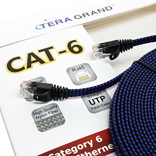 Tera Grand - 50 Ft Cat6 10 Gigabit Ethernet Ultra Flat Braided Network Cable, Black/Blue, Computer Internet Lan Cable With Snagless Rj45 Connectors (50 Feet) #TOP2