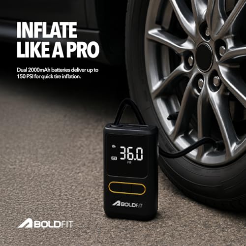 Image of Boldfit Tyre Inflator for Car Portable Digital Air Pump for Car Bike Tyres Upto 150 Psi 2000mAh*2 Battery Cars Air Pump for Tyres Rechargeable with C Type, USB Port, Led Flash 6 Months Warranty