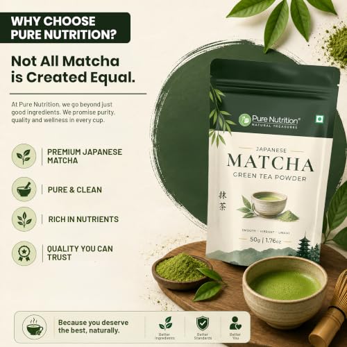 Image of Pure Nutrition Japanese Matcha Green Tea Powder | Matcha Green Tea for Weight Loss | Premium Culinary Grade Matcha for Latte, Smoothie & Baking | Smooth, Vibrant, Rich in Antioxidants | Natural Energy & Metabolism Support | Vegetarian (50g (Pack of 1))