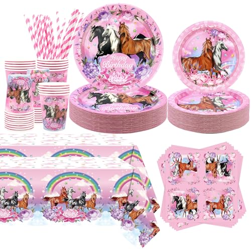 Thème du cheval rose kit anniversaire complet avec nappe et pailles