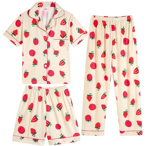 Vopmocld Girls Pajama Sets 3pcs Button Down Short Sleeve Long Pants With Shorts Sleepwear Cute Patterns Nighty For Teens