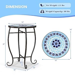 Tangkula Outdoor Side Table, 14" Mosaic Plant Stand, Round Accent Table w/Ceramic Tile Top & Metal Frame, Indoor & Outdoor Small Bistro Coffee Table for Patio Garden Pool Porch Living Room (1, Blue) Tangkula Outdoor Side Table 14 Mosaic Plant Stand Round Accent Table wCeramic Tile Top Metal Frame Indoor Outdoor Small Bistro Coffee Table for Patio Garden Pool Porch Living Room 1 Blue