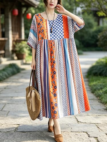 Image of Women Summer Dress with Pockets Plus Size Boho Floral Print Round Neck Loose Casual Flowy Dress