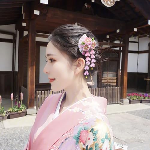 Pinza con borla japonesa para cabello en forma de abanico rosa miniatura 2