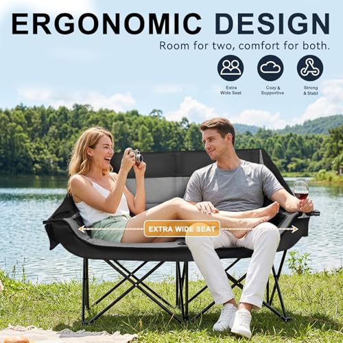 Image of Double Camping Chair 2 Person Loveseat, 800LBS Heavy Duty Chair, Grey