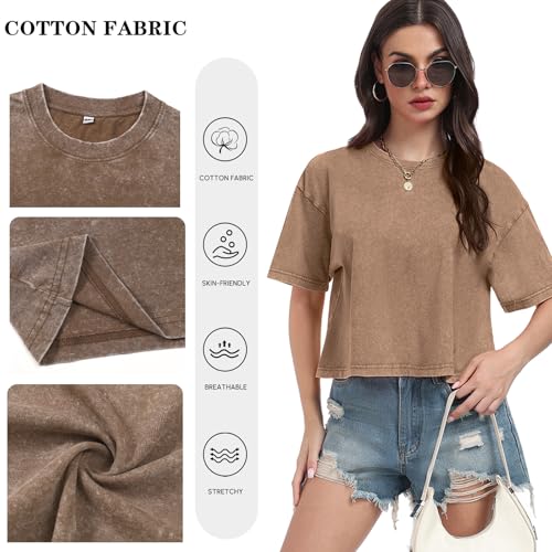 Womens Cropped Tops Short Sleeve T-Shirt Acid Wash Cotton Tee Vintage Round Neck Basic Tees Casual Shirts2