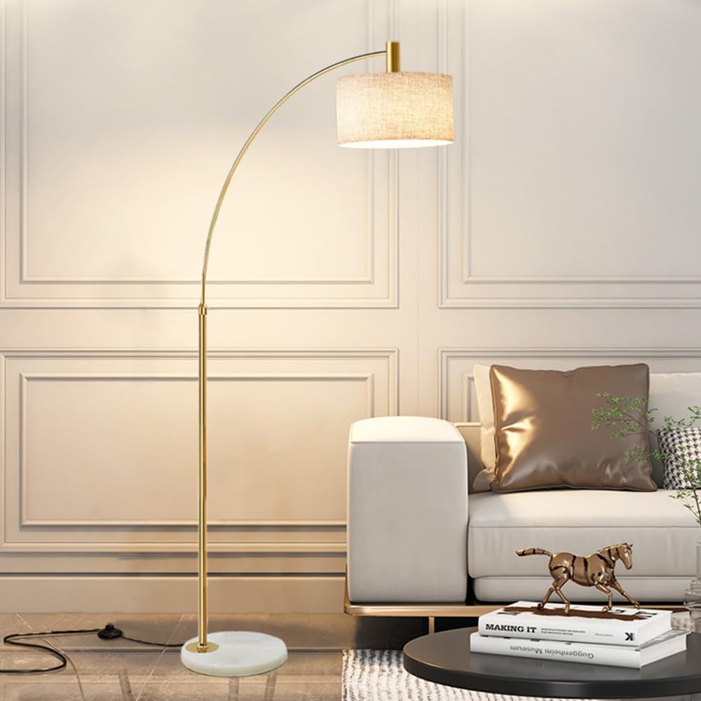 Lampada terra ad arco nordico paralume in tessuto luce regolabile attacco in marmo, lampada verticale lampada soggiorno palo alto per la lettura sul comodino Vintage Piantana (LED incluso)