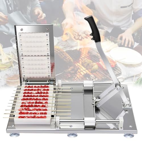Preparazione efficiente del kebab: questa pressa manuale per kebab consente la preparazione simultanea di un massimo di 10 spiedini, migliorando significativamente l'efficienza con la capacità di produrre 100 spiedini in soli 5 minuti. Semplifica il processo eliminando la necessità di tagliare e inserire pezzi singolarmente, con spiedini di lunghezza regolabile che vanno da 25 a 30 cm (9,84-11,81 pollici) per soddisfare varie esigenze.