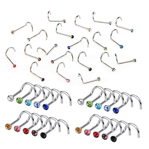 Nose Rings Piercing Jewelry - WZPB 60Pcs Nose Nails Mixed Color Nose Studs Professional Nose Piercing Kit Surgical Steel for Nose Lip Eyebrow Belly Tongue Piercing Supplies 2.2MM Rhinestone - Thumbnail 6