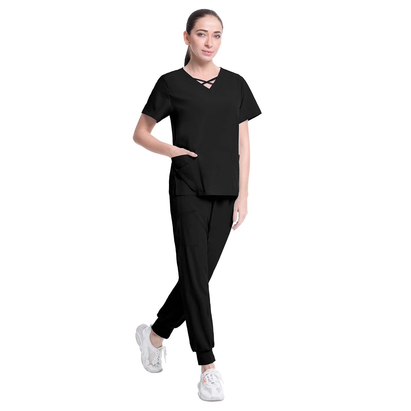 niaahinn Scrub Suit for Women Uniforms Nursing Hospital Clinic Veterinary Pet Nurse Scrub Set Joggers Top & Pant Work Clothes (Black,XL,X-Large)
