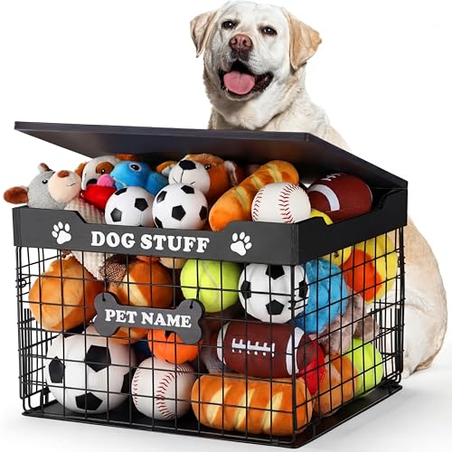 Briwooody Metal Dog Toy Storage Box with Lid, 15.4'' Large Metal Dog Toy Bin with Lid Bone Handle, Puppy Toys Storage Basket Food Organizer for Leash Chew Blankets Clothes Living Room(Black)