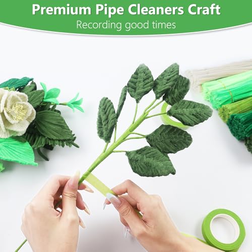 Image of 400 Pcs Pipe Cleaners, Pipe Cleaners Craft, Pipe Cleaner Flowers Crafting | 6 Colors Cleaner with 20 pieces Green Craft thread, Ribbon, Tape,DIY Art and Craft Projects Creative Gift (Green)