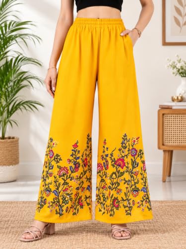 Image of Women's Rayon Bird Flower Print Loose fit Palazzos Pants Free Size 28 to 40