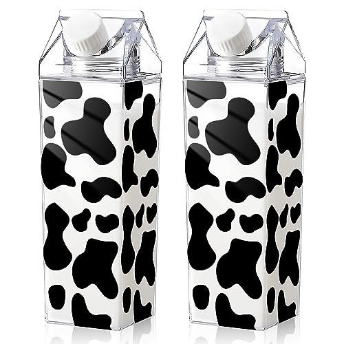 Whaline 2 Pack Cow Print Milk Carton Water Bottle 17oz Clear Plastic Milk Bottles Leakproof Square Juice Bottle Cow Patterned Drinking Containers for Outdoor Activities Sports Travel Camping