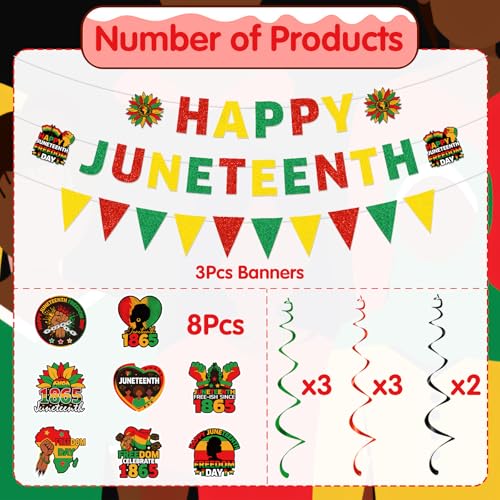 Image of Gameza Happy Juneteenth Party Decorations - 11 Pcs Freedom Day Juneteenth Party Banner Hanging Swirls Decorations, Black History Independence Day Themed Supplies for African American