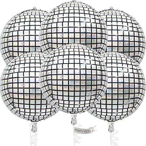 PartyWoo Silver Balloons, 6 pcs Disco Silver Foil Balloons, 22 inch Giant 4D Foil Balloons and Ribbon, Large Mylar Balloons, Balloons Decor, , Round Cover