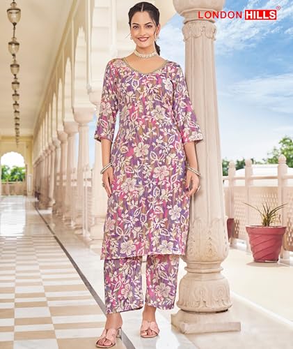 Image of London Hills Women Printed Kurta with Pant Salwar Suit Set || Plazo Kurti Cotton Set