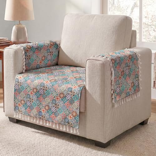 Image of Story@Home Quilted Anti Slip Sofa Cover Mat with 2 Armrest Cover, 1 Seater Velvet Sofa Protector with Tassels | Sofa Cover Mat for 1 /2 /3 Seater & L-Shape Sofa - 76 x 61 Cm - Multi Color