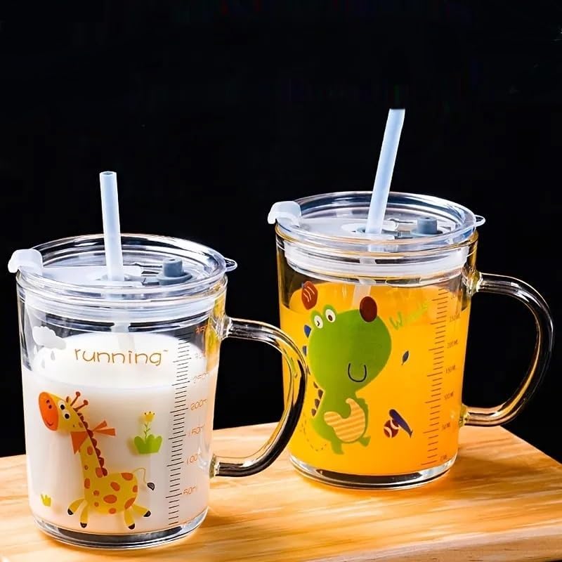 Image of Random Design Design Glass Measuring Drinking Milk Mug with Handle and Clear Lid with Silicone Straw for Girls & Kids Multiple Usage 350 ml (Set of 2)