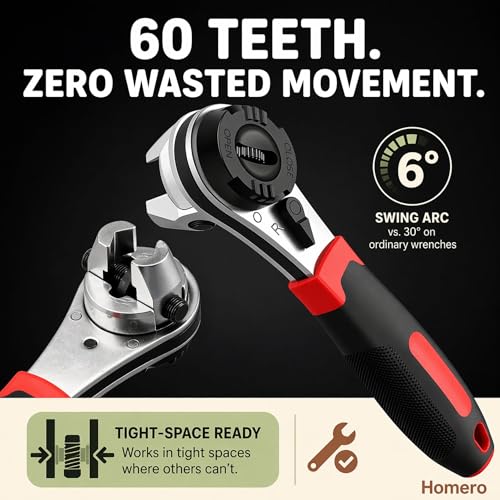 Image of Homero Adjustable Ratchet Wrench 6-22mm Universal Spanner Tool | 60 Tooth Quick Ratchet Mechanism | Chrome Vanadium Steel Multi Size Wrench | Plumbing, Car Repair, Home Maintenance Hand Tool