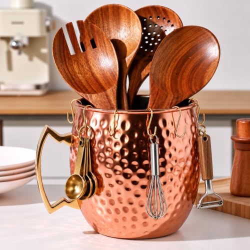 Singhoow hammered copper kitchen utensil holder with 10 s hooks on a white background.