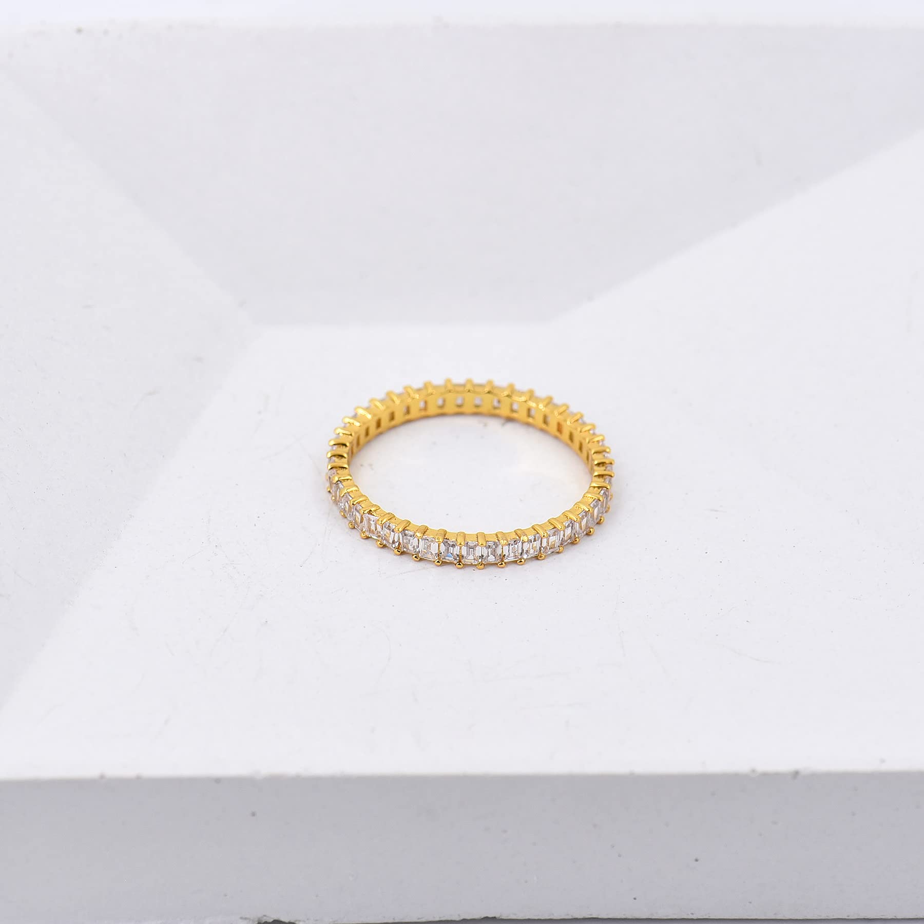 18K Gold Plated Dainty Vertical Baguette Eternity Band | CZ Stacking Ring in Gold | Womens Gold Stackable Ring Promise Ring Wedding Jewelry Hypoallergenic