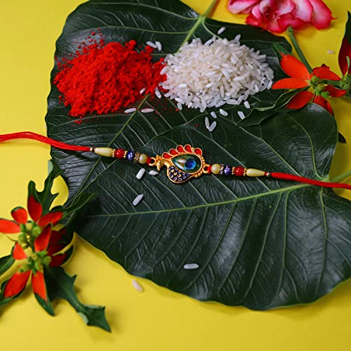 Image of Oblivion Rakhi for Brother - Designer Peacock Design with Choco Magic Chocolate 96gm, Pooja Coin, Roli Chawal & Card | Rakhi with Chocolate Combo for Raksha Bandhan