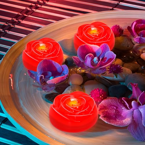 Image of Aignis 12pcs Flameless LED Floating Candles, Red Rose Plastic Tealights Battery Operated, 120+ Hours Glow Time, Cozy Light for Romantic Pool /Bathtub /Hot Bath /Wedding Centerpiece Decor(D2.83 * H1.42)