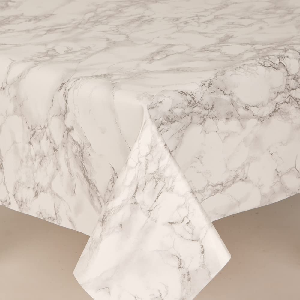 Home Expressions White/Silver/Grey Ground With Marble Effect Wipe Clean Vinyl Table Cloth/Protector Textile Backing (Oval 137Cm X 229Cm)