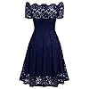 MISSMAY Women's Vintage Floral Lace Short Sleeve Boat Neck Cocktail Party Swing Dress (Large, Navy Blue)