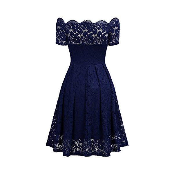 MISSMAY Women's Vintage Floral Lace Short Sleeve Boat Neck Cocktail Party Swing Dress (Large, Navy Blue)