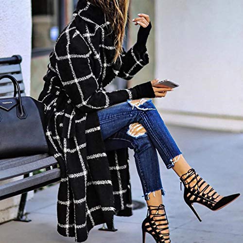 SPE969 Hooded Jacket Women\'s Plaid Trench Coat Winter Slim Long Woolen Overcoat Lapel Windbreaker,Black,L