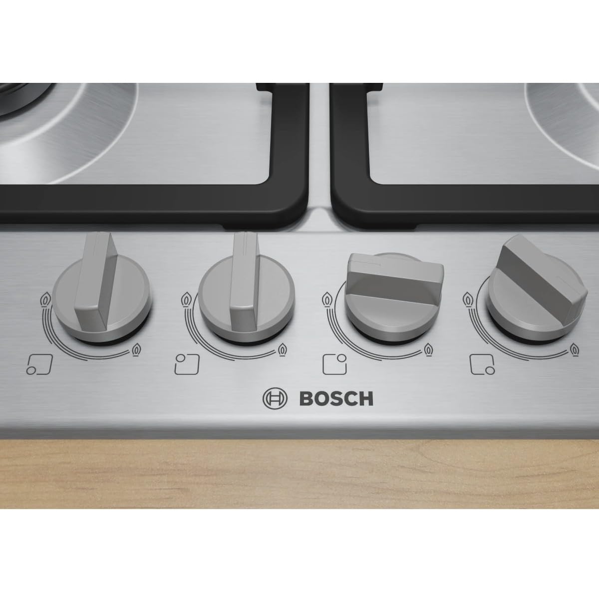 Bosch PGH6B5K90 Serie 4 Gasherd, Wokbrenner: Leistung bis 3,3 kW, Grillroste aus Gusseisen, Stahl, 60 cm, 3 Zonen + Wok, Edelstahl