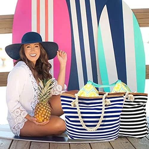 Large Canvas Striped Beach Bag - Top Zipper Closure - Waterproof Lining - Tote Shoulder Bag For Women's Shoulder Handbags Beach Travel 3 Large Canvas Striped Beach Bag - Top Zipper Closure - Waterproof Lining - Tote Shoulder Bag For Women's Shoulder Handbags Beach Travel