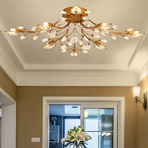 LightInTheBox Vintage Brass Crystal Branch Chandelier Flush Mount Crystal Ceiling Lights Fixture Tree Leaves Pendant Light for Living Room Dining Room Bedroom