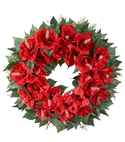 Spring Wreaths for Front Door 17.7 Inch Artificial Hibiscus Red Summer Wreath with UV Resistant Realistic Fake Flowers for Indoor Outdoor Window Wall Farmhouse Porch Home Decor