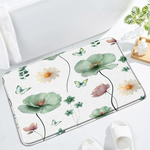 Watercolor Flower Sage Green Bath Mat Flower Modern Minimalist White Spring Cute Herb Plant Leaf Wildflower Floor Rug for Kitchen Bathroom