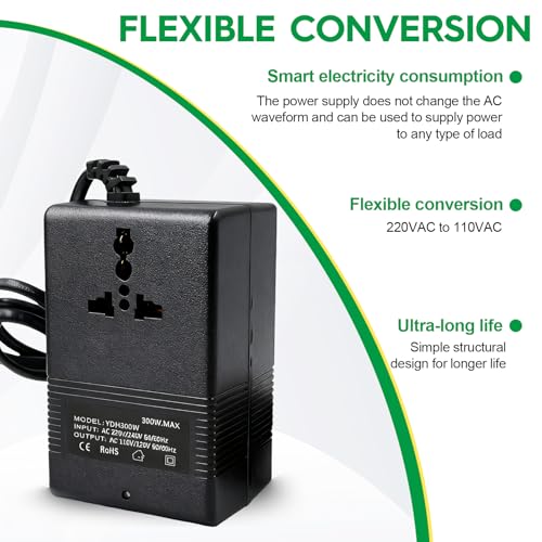 محول جهد كهربائي 220 فولت الى 110 فولت، محول تخفيض، محول طاقة للسفر، محول طاقة كهربائي منزلي لفرد الشعر والتلفزيون واللابتوب (300 واط)