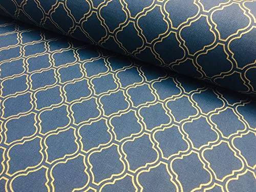 Gold Moroccan Arabic Damask Fabric Navy Blue Curtain Upholstery - 140cm Wide (PER METRE)