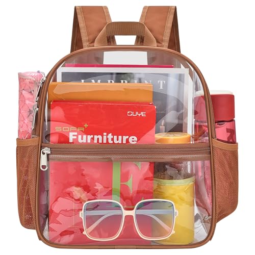 Image of Busiuw Clear Backpack for Stadium Events 12x12x6 Mini Small Sports Fan Backpacks with Front Pocket for Concert Sport Events Work Travel(Coffee brown)