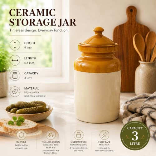 Image of Pure Source India Ceramic Pickle Jar with Lid | Airtight Ceramic Storage Container for Pickles, Chutney, Spices & Dry Snacks | Glossy Handmade Kitchen Storage Jar (3, litres)