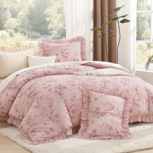Image of Litanika Grey Pink Queen Comforter Set, 3 Pieces Ruffle Floral Farmhouse Bedding Comforter Set, All Season Soft Lightweight Fluffy Microfiber Bed Set(90x90In Comforter, 2 Pillowcases)