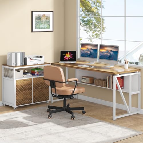 Image of Tribesigns L Shaped Desk with Drawer,63 inch Executive Computer Desk and lateral File Cabinet, 2 Piece Home Office Furniture for Hanging File, Cabinet with Doors