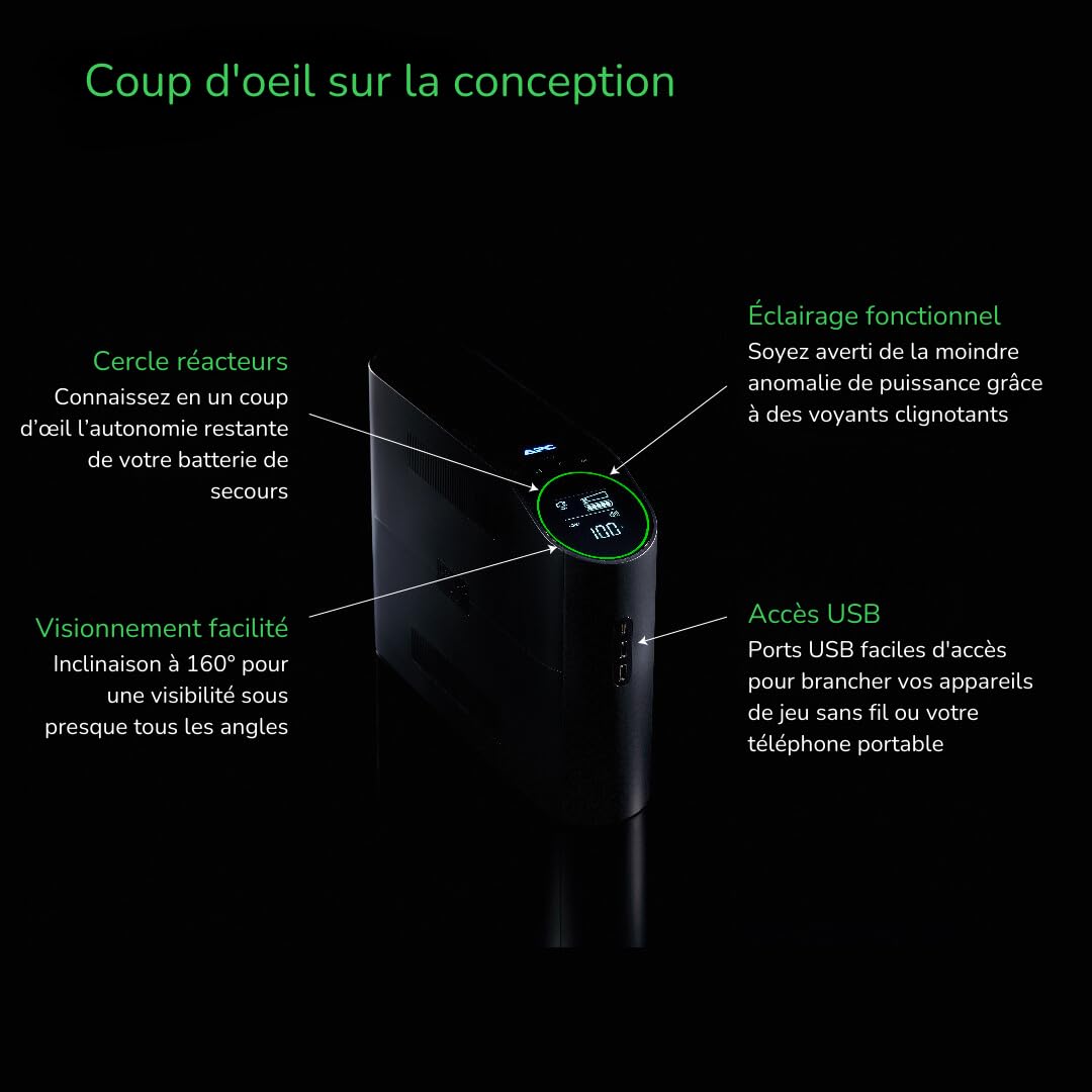 APC Onduleur Gaming Back UPS Pro, 2200VA/1320W, Tour, 230V, 4X Prises Schuko et 2X Prises IEC C13, lumières RGB, Onde sinusoïdale Pure, Midnight (Black) BGM2200B-GR
