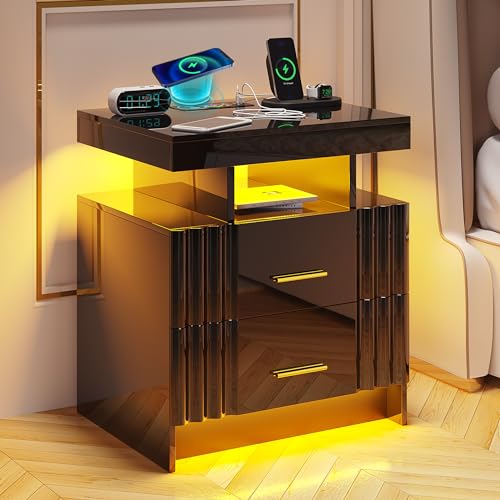 Skktkt Nightstand Set Of 2 With Charging Station, Black Led Night Stand With 3 Drawers, High Gloss Bedside Table With Auto Sensor 24-Color Light/Wireless/Type-C/Usb Charging For Bedroom thumb #1