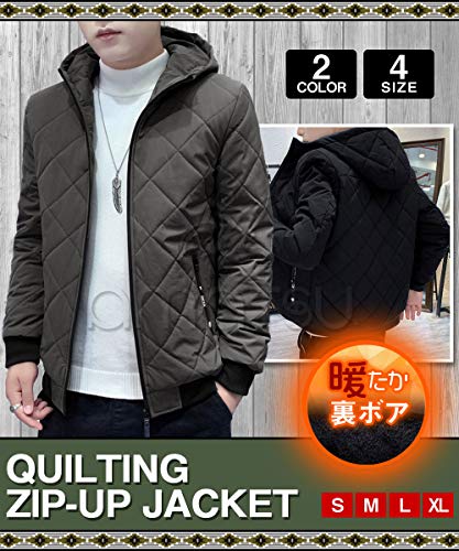 [amatsu] ライトダウン メンズ 長袖 裏ボア 冬服 ダウンジャケット 軽量 ジップアップ パーカー 防寒 アウター アウトドア ジャケット XL ブラック